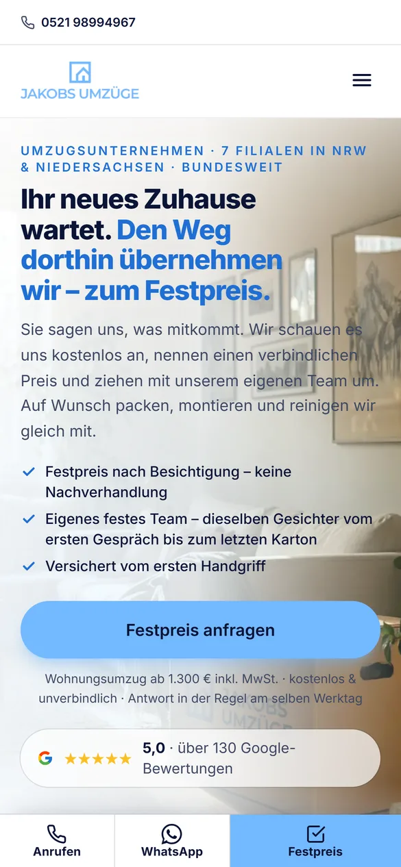 Die Website von Jakobs Umzüge auf dem Handy: Überschrift, drei Nutzen-Checks, Festpreis-Knopf und 5,0 Google-Bewertung