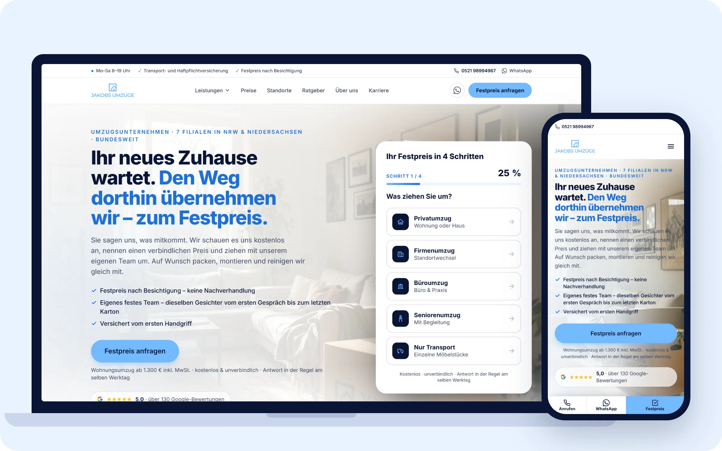 Die Website von Jakobs Umzüge auf Laptop und Handy: Überschrift, Festpreis-Quiz in vier Schritten und Anfrage-Knopf
